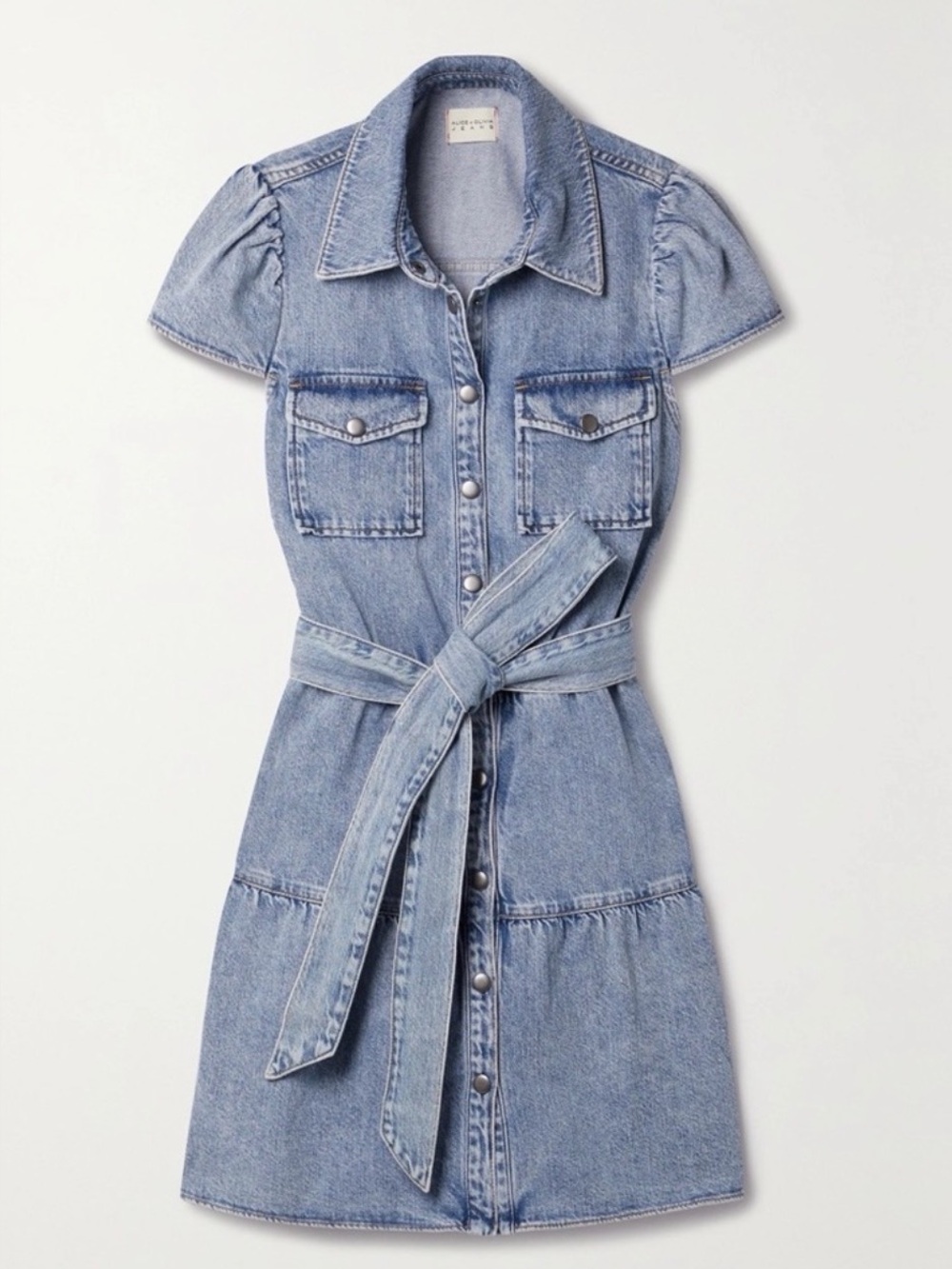 Alice + Olivia Light Blue Denim Mini Shirt Dress with Tie Waist